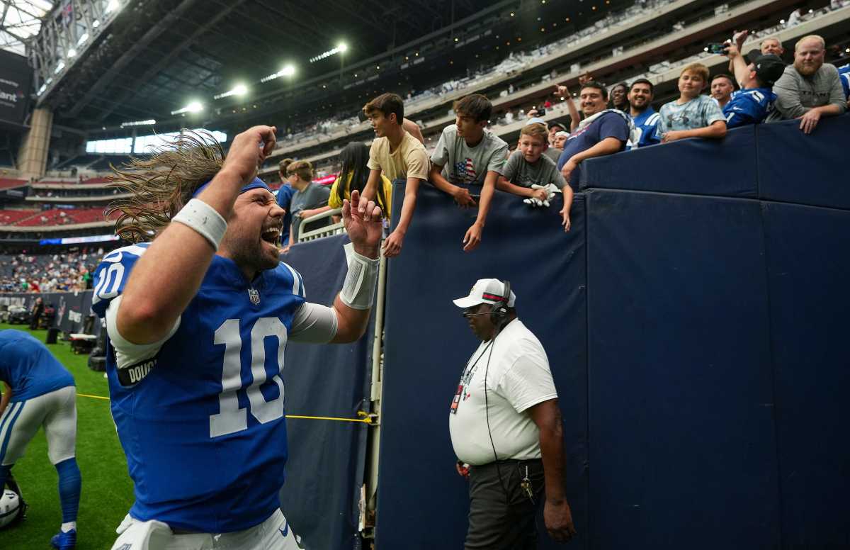 Indianapolis Colts quarterback Gardner Minshew II (10) cheers as he leaves the field Sunday, Sept. 17, 2023, after the team defeated the Houston Texans, 31-20, at NRG Stadium in Houston.  